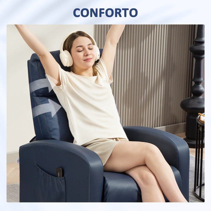 Poltrona de Massagem Poltrona Relax Reclinável com 2 Zonas de Massagem 8 Programas 5 Níveis de Intensidade e Controlo Remoto Estofada em PU 68x88x98 cm Azul Escuro