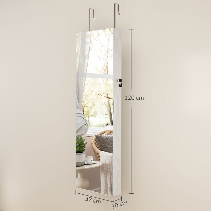 Espelho de Joias com Luz LED, Armário Montado na Parede ou Porta com Fechadura e Corpo Inteiro, Branco