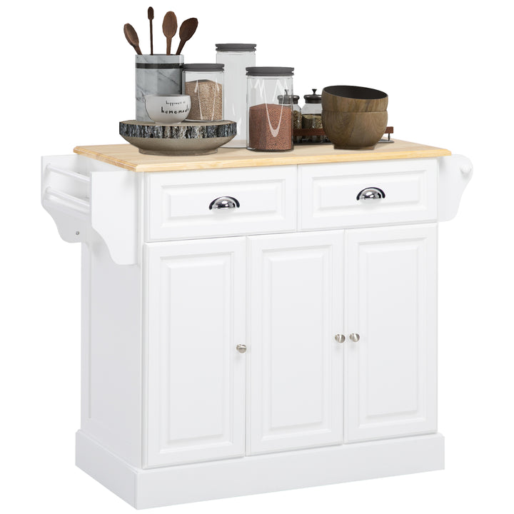 Carrinho de Cozinha Ilha de Cozinha com Rodas Móvel Multifuncional com 2 Gavetas 3 Armários Suporte para Panos e para Temperos para Sala de Jantar 110x45x89cm Branco