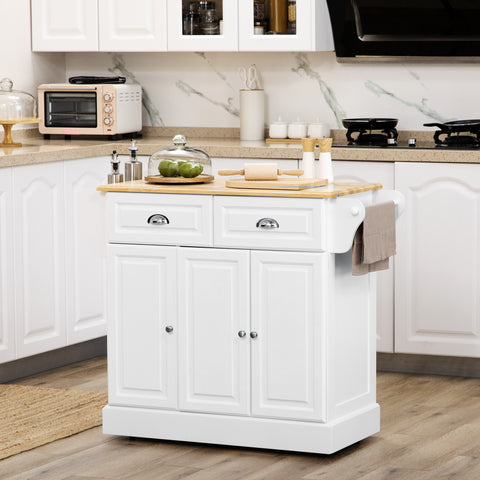 Carrinho de Cozinha Ilha de Cozinha com Rodas Móvel Multifuncional com 2 Gavetas 3 Armários Suporte para Panos e para Temperos para Sala de Jantar 110x45x89cm Branco