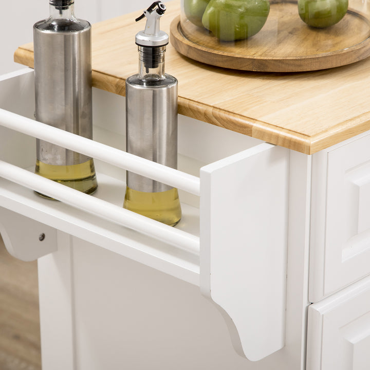 Carrinho de Cozinha Ilha de Cozinha com Rodas Móvel Multifuncional com 2 Gavetas 3 Armários Suporte para Panos e para Temperos para Sala de Jantar 110x45x89cm Branco