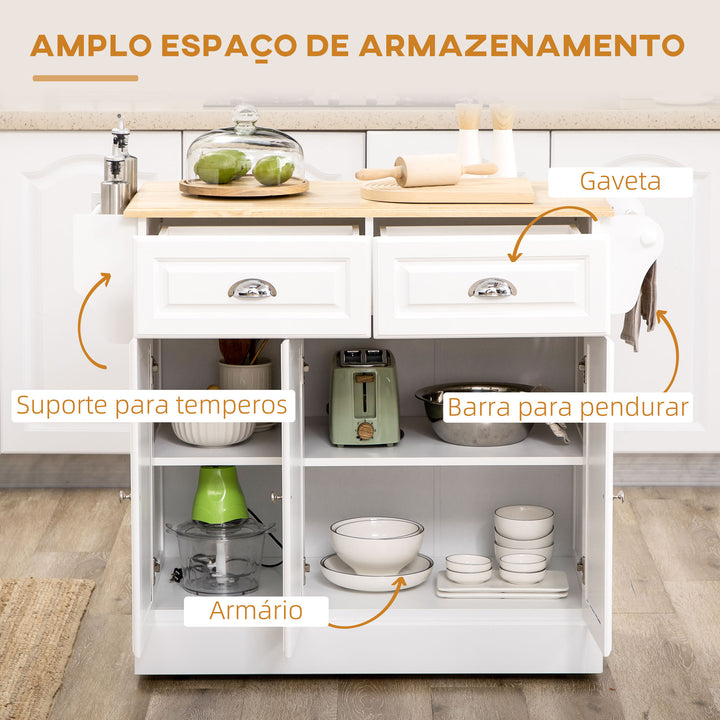 Carrinho de Cozinha Ilha de Cozinha com Rodas Móvel Multifuncional com 2 Gavetas 3 Armários Suporte para Panos e para Temperos para Sala de Jantar 110x45x89cm Branco