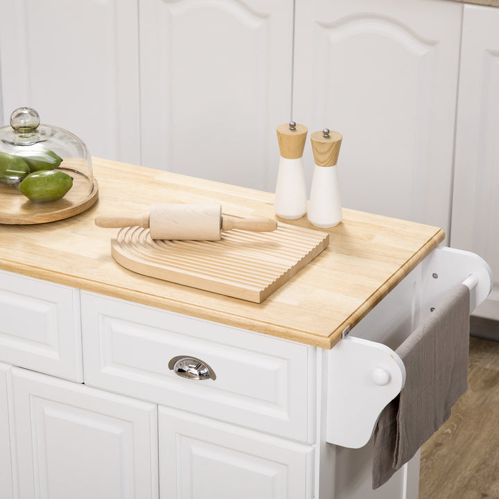 Carrinho de Cozinha Ilha de Cozinha com Rodas Móvel Multifuncional com 2 Gavetas 3 Armários Suporte para Panos e para Temperos para Sala de Jantar 110x45x89cm Branco