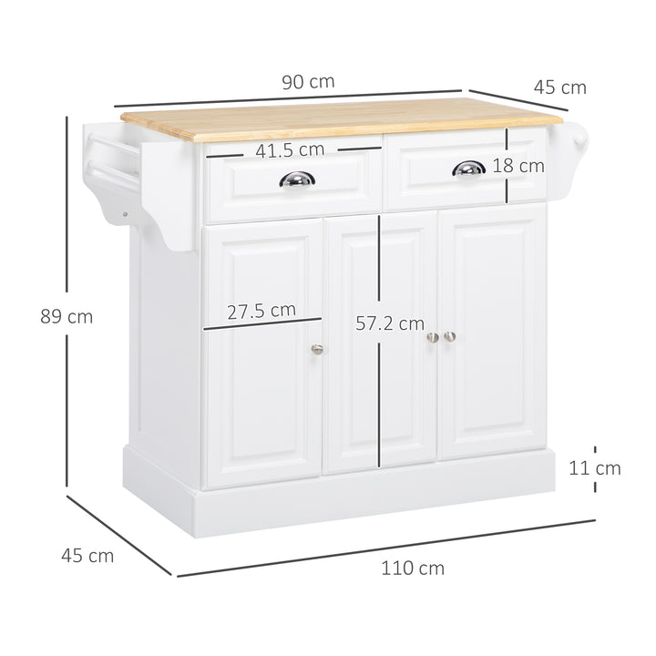 Carrinho de Cozinha Ilha de Cozinha com Rodas Móvel Multifuncional com 2 Gavetas 3 Armários Suporte para Panos e para Temperos para Sala de Jantar 110x45x89cm Branco