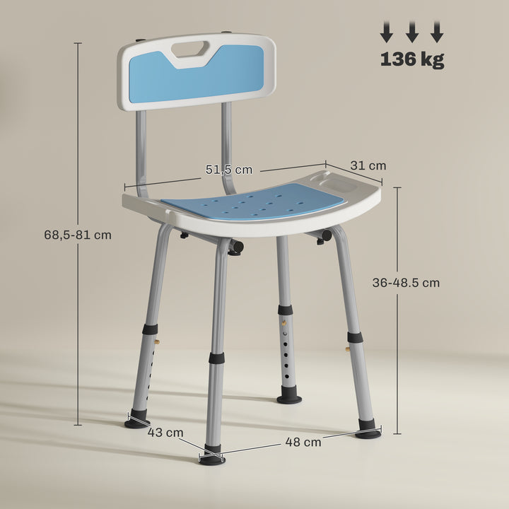 Cadeira de Duche para Idosos com Encosto, Antiderrapante Altura Ajustável em 6 Níveis Carga Máxima de 136 kg