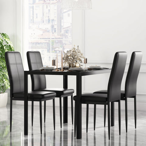 Conjunto de Refeição Mesa e 4 Cadeiras Conjunto de 5 Peças de Móveis de Cozinha Mesa Retangular de Vidro Temperado e Cadeiras Estofadas em PU com Pés de Metal Preto