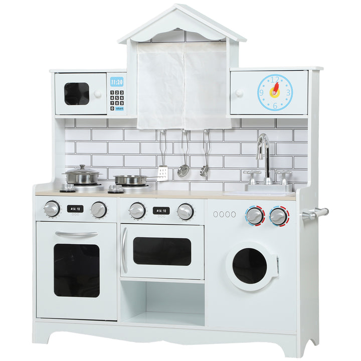 Cozinha de Madeira com Som e Cortinas Cozinha de Brincar Infantil com Acessórios em Aço Inoxidável, Máquina de Lavar Micro-ondas, Lava-Loiça para Crianças a partir dos 3 Anos 79,5x24x94 cm Branco