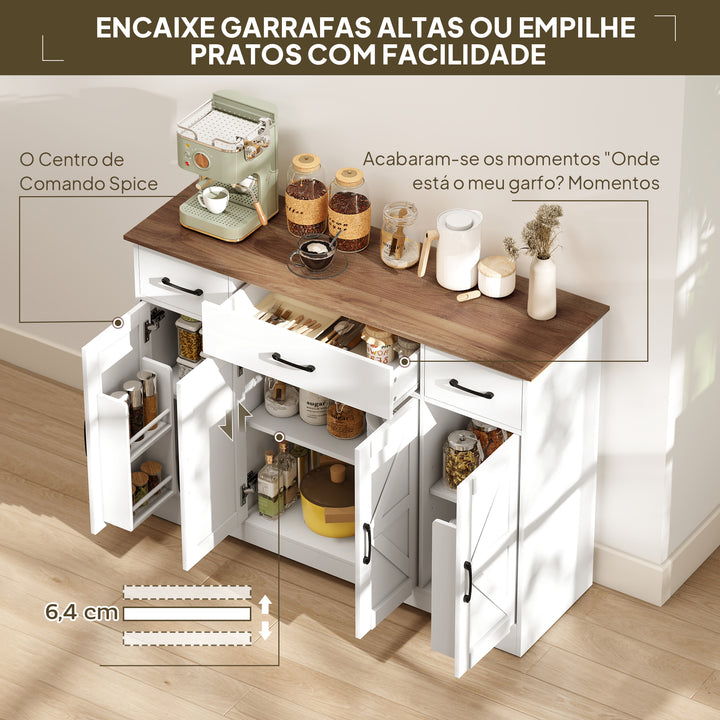 Aparador de Cozinha Rústico Armário de Cozinha com 4 Prateleiras de Porta 3 Gavetas Prateleiras Ajustáveis Porta com Fecho Suave Móvel de TV para 48-55 Polegadas 120x38x87 cm Branco e Nogueira