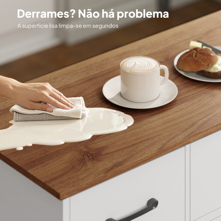 Aparador de Cozinha Rústico Armário de Cozinha com 4 Prateleiras de Porta 3 Gavetas Prateleiras Ajustáveis Porta com Fecho Suave Móvel de TV para 48-55 Polegadas 120x38x87 cm Branco e Nogueira