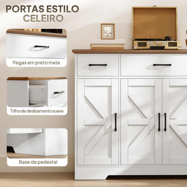 Aparador de Cozinha Rústico Armário de Cozinha com 4 Prateleiras de Porta 3 Gavetas Prateleiras Ajustáveis Porta com Fecho Suave Móvel de TV para 48-55 Polegadas 120x38x87 cm Branco e Nogueira