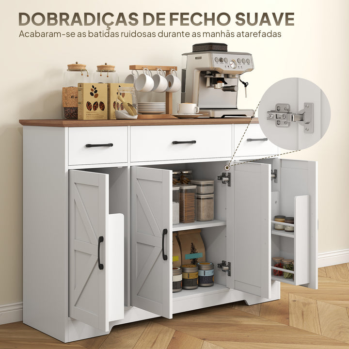 Aparador de Cozinha Rústico Armário de Cozinha com 4 Prateleiras de Porta 3 Gavetas Prateleiras Ajustáveis Porta com Fecho Suave Móvel de TV para 48-55 Polegadas 120x38x87 cm Branco e Nogueira