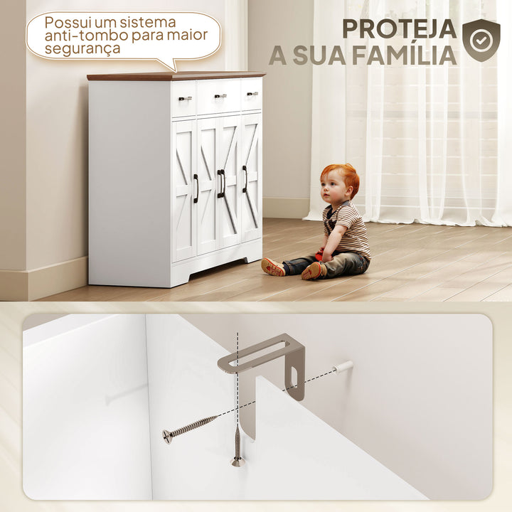 Aparador de Cozinha Rústico Armário de Cozinha com 4 Prateleiras de Porta 3 Gavetas Prateleiras Ajustáveis Porta com Fecho Suave Móvel de TV para 48-55 Polegadas 120x38x87 cm Branco e Nogueira