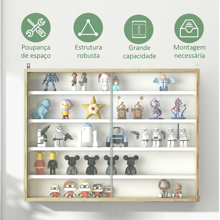Vitrine de Parede de Madeira com Prateleiras Ajustáveis e 2 Portas Corredeiras de Vidro para Coleções Perfumes Bonecos de Decoração 80x9,5x60cm Madeira e Branco