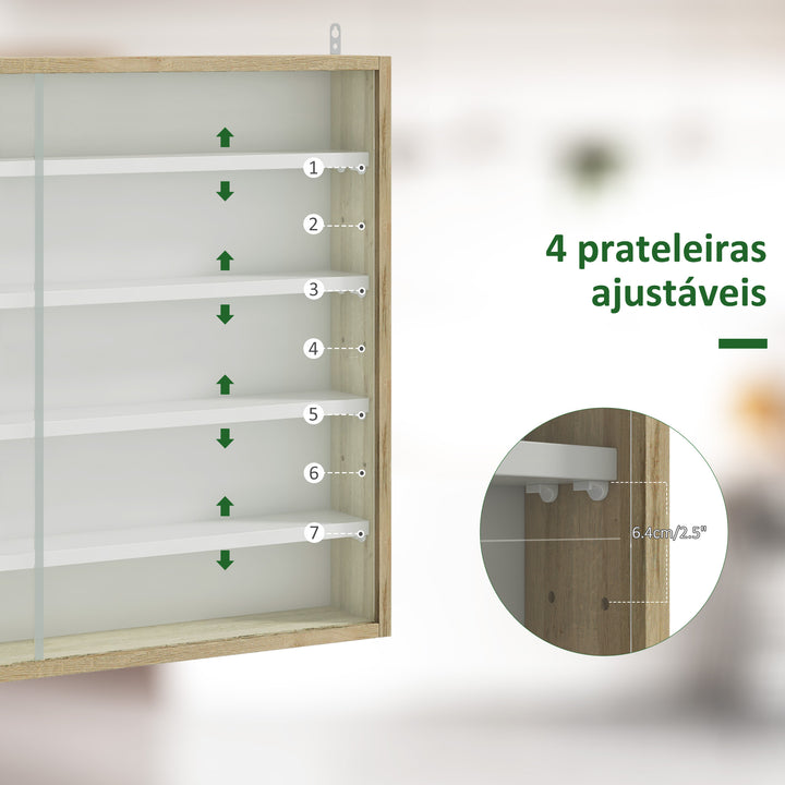 Vitrine de Parede de Madeira com Prateleiras Ajustáveis e 2 Portas Corredeiras de Vidro para Coleções Perfumes Bonecos de Decoração 80x9,5x60cm Madeira e Branco