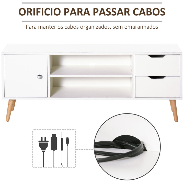 Armário de TV Grande armazenamento com armário prateleiras e gavetas abertas Carga 30 kg 120x28x44 cm Branco