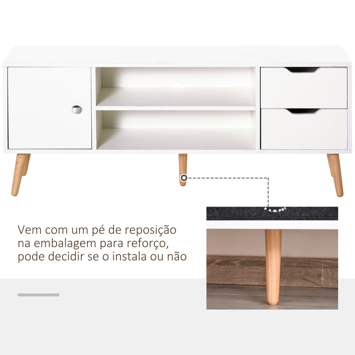 Armário de TV Grande armazenamento com armário prateleiras e gavetas abertas Carga 30 kg 120x28x44 cm Branco