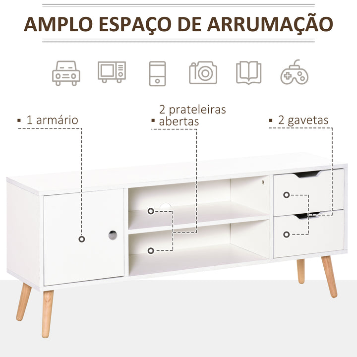 Armário de TV Grande armazenamento com armário prateleiras e gavetas abertas Carga 30 kg 120x28x44 cm Branco