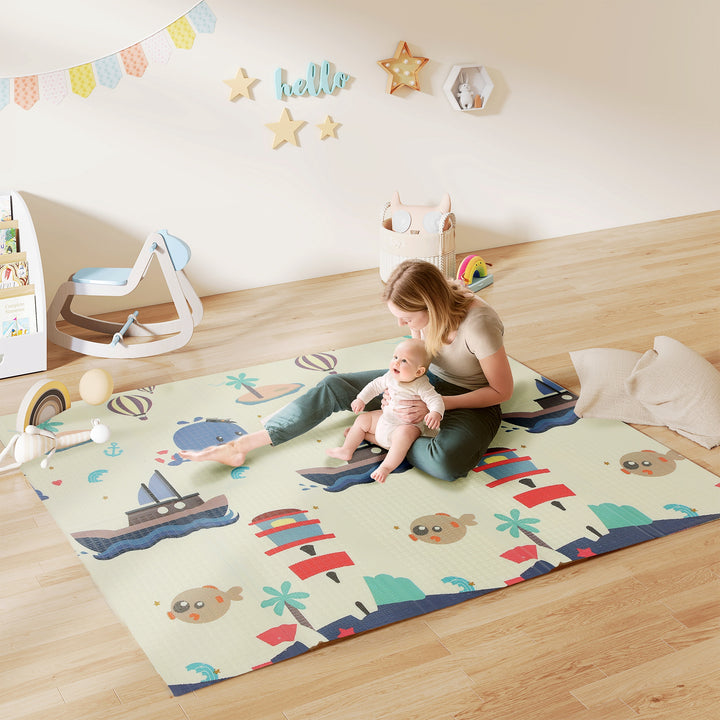 Tapete de Atividades para Bebé Acolchoado Dobrável e Reversível 196x176x1,5 cm Tapete de Brincar para Bebé XPE Dupla Face Impermeável Multicolor