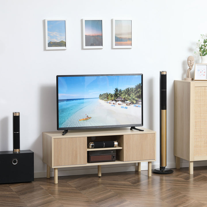 Móvel de TV Móvel para Televisão até 50 Polegadas com Portas de Correr Prateleiras Abertas e Orifícios para Cabos para Sala de Estar 115x40x49 cm Madeira
