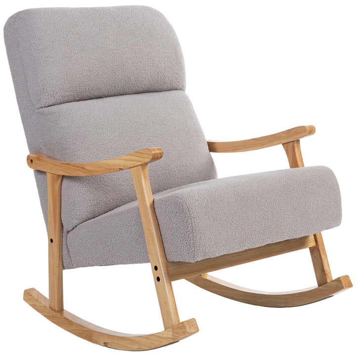 Poltrona Baloiço Moderna Poltrona Baloiço com Pés e Apoio para os Braços de Madeira de Faia Encosto Alto Poltrona de Amamentação Carga 120 kg para Dormitório Sala de Estar 65x90x98 cm Cinza