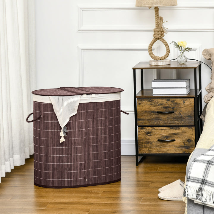 Cesto de Roupa de Bambu Capacidade de 100L Cesto para Roupa Suja com Tampa Rebatível e Bolsa com 2 Compartimentos Amovível 62,5x37x60,5cm Marrom