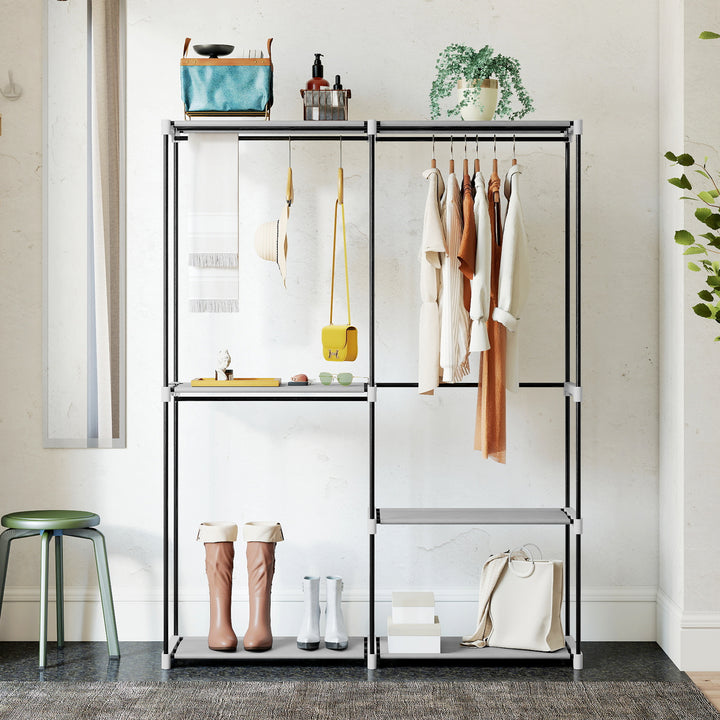 Armário de Roupa Aberto 142x43x185 cm Armário para Roupas com 4 Prateleiras de Tecido 3 Barras para Pendurar e Estrutura de Metal para Quarto Sala Closet Cinzento