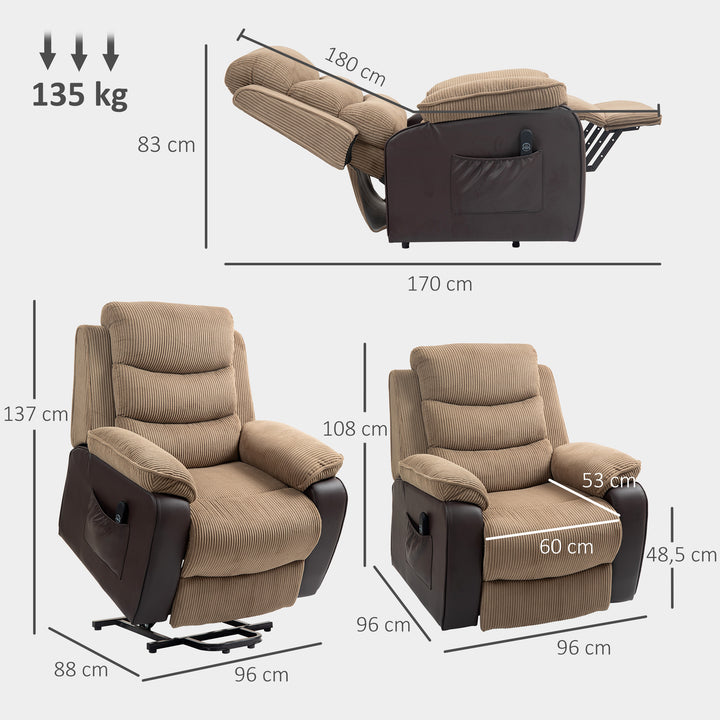 Poltrona Relax Reclinável Elétrica Levanta Pessoas, com Porta USB, Comando, Apoio para os Pés, Estofada em Veludo, Bolsos Laterais, Castanho