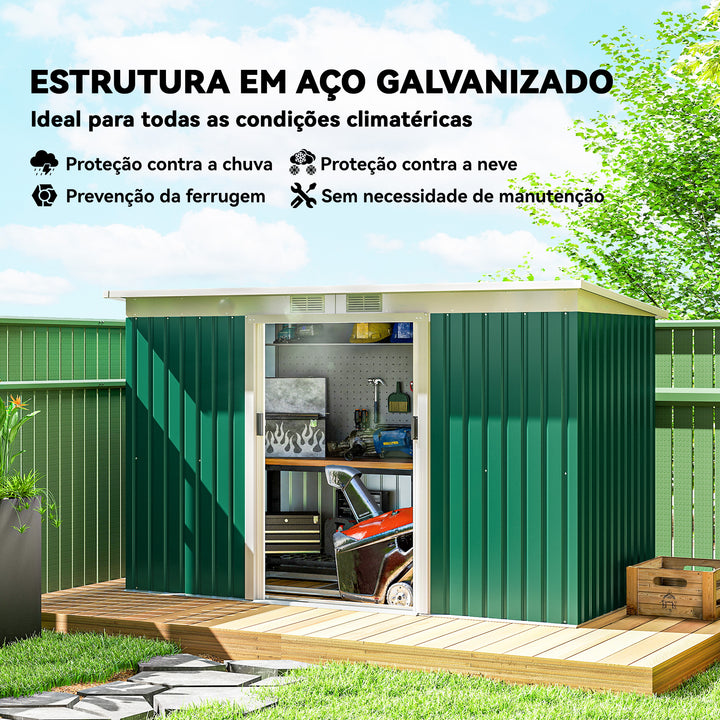 Barracão de jardim tipo galpão de metal para armazenamento de ferramentas 277x130x173cm Aço verde