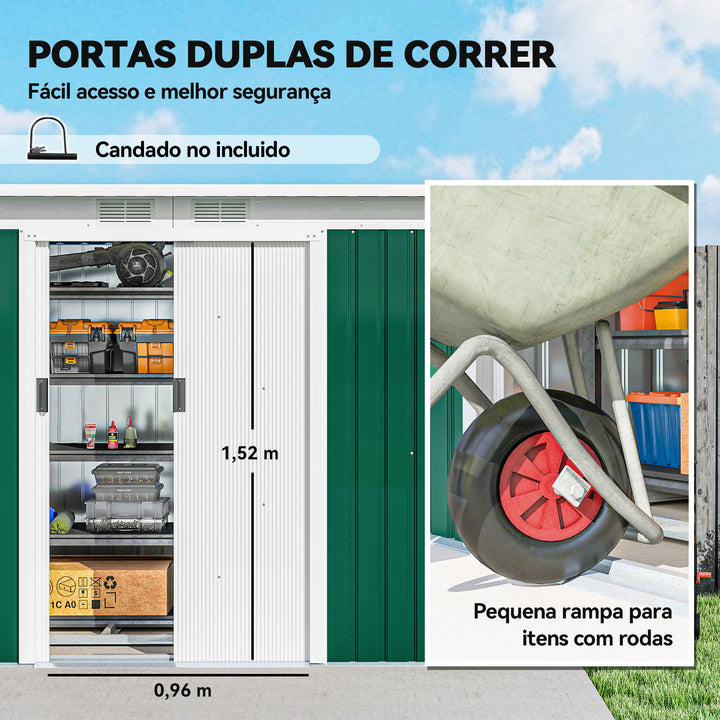 Barracão de jardim tipo galpão de metal para armazenamento de ferramentas 277x130x173cm Aço verde