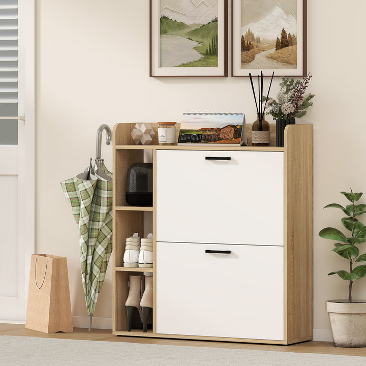 Sapateira Estreita 2 Portas Sapateira para Entrada Corredor com 3 Prateleiras Laterais e Prateleiras Ajustáveis para 15 Pares de Sapatos Para Corredor Espaço Reduzido 83x24x90,5 cm Madeira e Branco