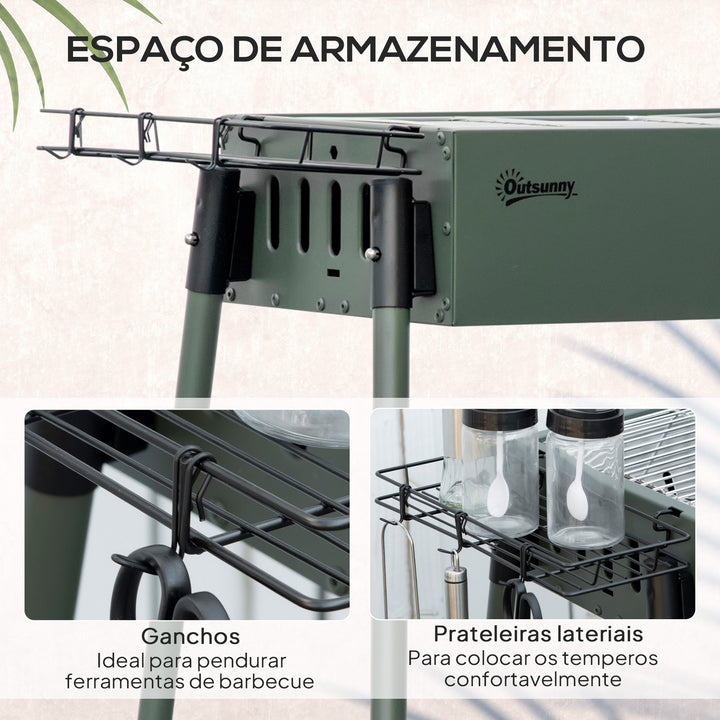 Barbecue a Carvão com 2 Grelhas de Aço Inoxidável Barbecue Portátil com 2 Prateleiras para Temperos com Ganchos para Campismo Jardim 77x30x70 cm Verde