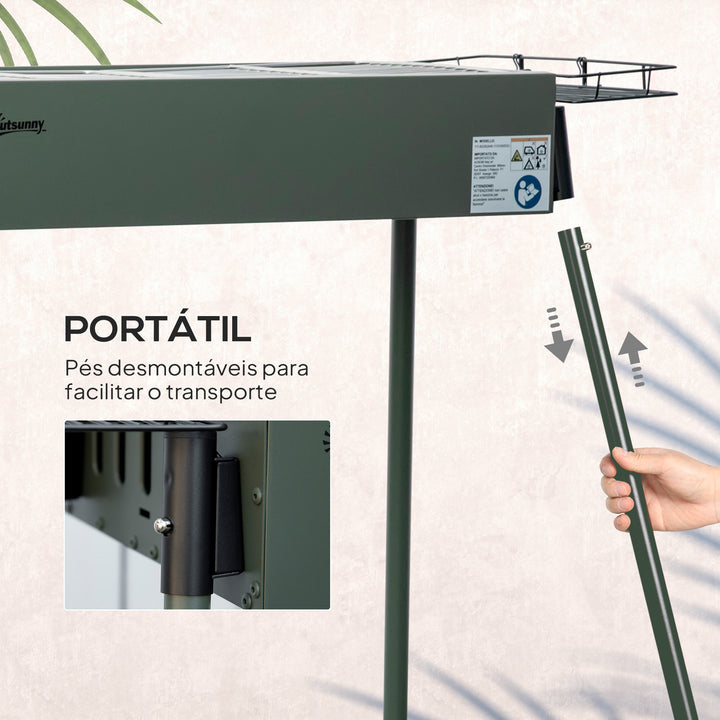 Barbecue a Carvão com 2 Grelhas de Aço Inoxidável Barbecue Portátil com 2 Prateleiras para Temperos com Ganchos para Campismo Jardim 77x30x70 cm Verde