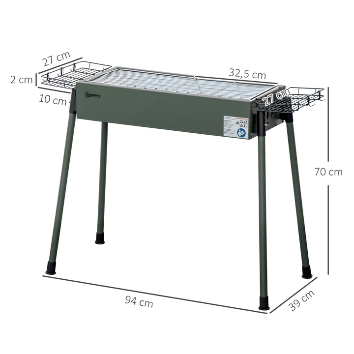 Barbecue a Carvão com 2 Grelhas de Aço Inoxidável Barbecue Portátil com 2 Prateleiras para Temperos com Ganchos para Campismo Jardim 77x30x70 cm Verde