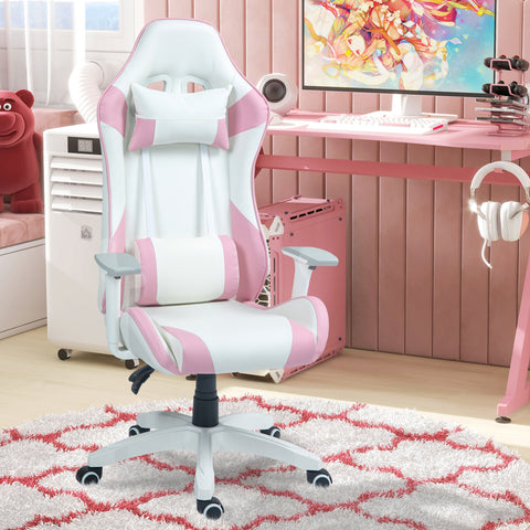 Cadeira Gaming Reclinável Cadeira Gamer Giratória com Almofada Lombar Apoios de Braços Ajustáveis Apoio de Cabeça Basculante e Altura Ajustável para Escritório 67x60x120-128 cm Branco e Rosa