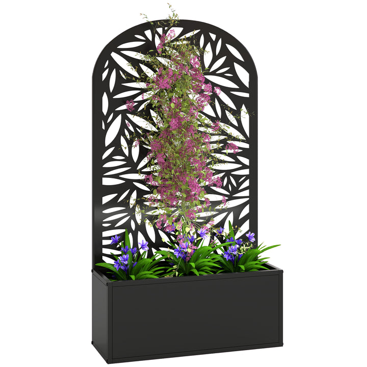 Floreira Exterior Grande de Metal Floreira com Painel Decorativo Curvo de Folhas Floreira de Parede ou Independente para Plantas Trepadeiras Jardim 61x23x113 cm, Preto