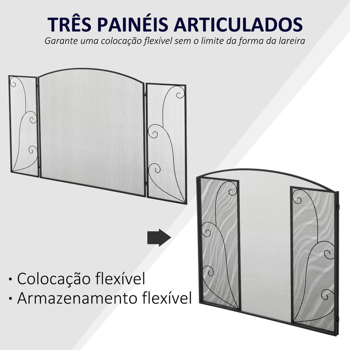 Tela de lareira dobrável com 3 painéis e dobradiças 132,5x76,5 cm preta