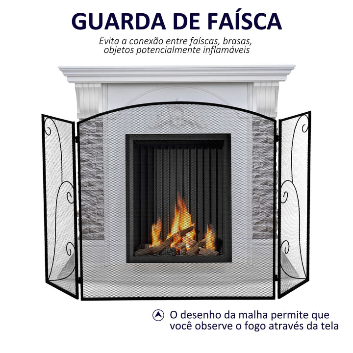 Tela de lareira dobrável com 3 painéis e dobradiças 132,5x76,5 cm preta
