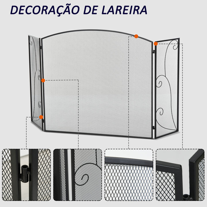 Tela de lareira dobrável com 3 painéis e dobradiças 132,5x76,5 cm preta