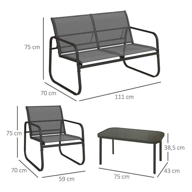 Conjunto de Móveis de Jardim Conjunto de 4 Peças Móveis de Varanda com 2 Poltronas 1 Sofá de 2 Lugares e Mesa de Centro com Bancada de Vidro Temperado Preto