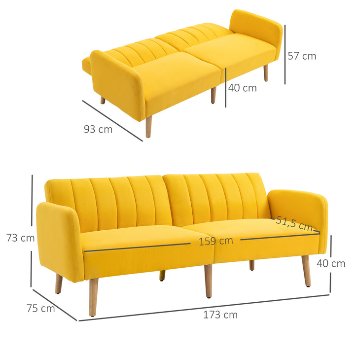 Sofá Cama de 2 Lugares com Encosto Ajustável em 3 Posições Apoio para os Braços Desmontável e Pés de Madeira Sofá Duplo Moderno para Sala de Estar Escritório 173x75x73cm Amarelo
