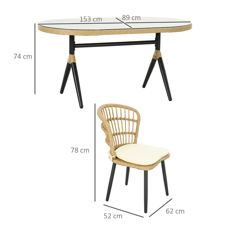 Conjunto de Refeição de Vime Sintético Conjunto de Móveis de Exterior de Vime de 7 Peças Inclui 6 Cadeiras com Almofadas e Mesa de Vidro Temperado Natural