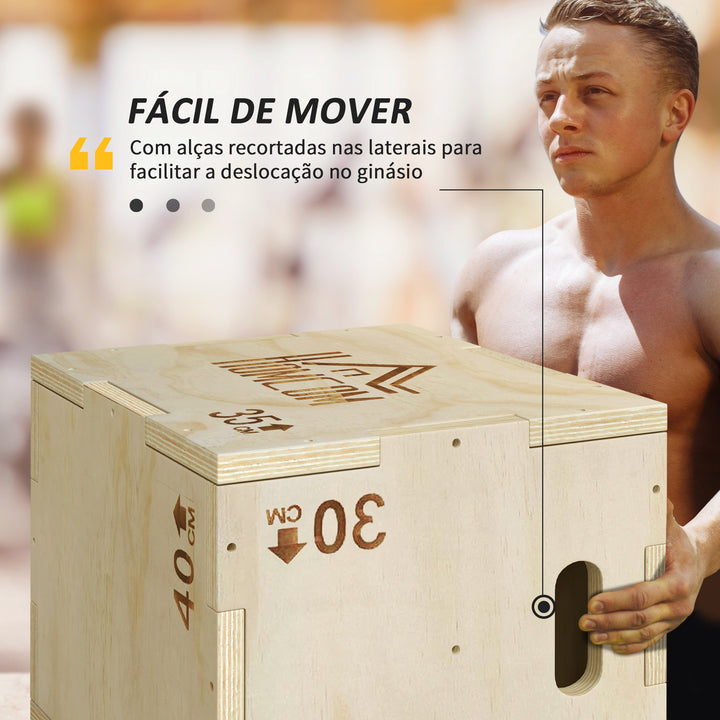 Caixa Pliométrica de Madeira 3 em 1 Plataforma de Caixa Pliométrica com 3 Alturas Diferentes 2 Pegas Treino de Salto Força para Casa Ginásio e Exterior 40,5x35,5x30,5 cm Madeira