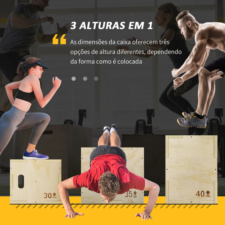 Caixa Pliométrica de Madeira 3 em 1 Plataforma de Caixa Pliométrica com 3 Alturas Diferentes 2 Pegas Treino de Salto Força para Casa Ginásio e Exterior 40,5x35,5x30,5 cm Madeira