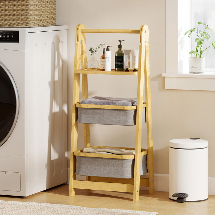 Estante Dobrável para Casa de Banho de Bambu Estante de Casa de Banho com 2 Cestos para Roupa Suja Estante Aberto para Quarto Lavandaria 44,5x32x99 cm Cinzento