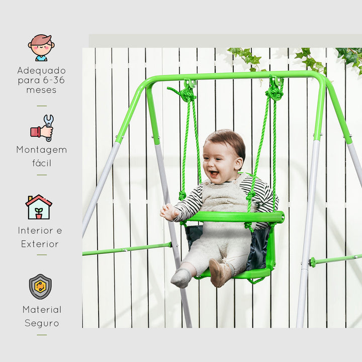 Baloiço Infantil de Aço Baloiço para Crianças de 6-36 Meses com Encosto Alto e Arnês de Segurança para Interior e Exterior Carga Máxima 25 kg 122x146x122 cm Verde