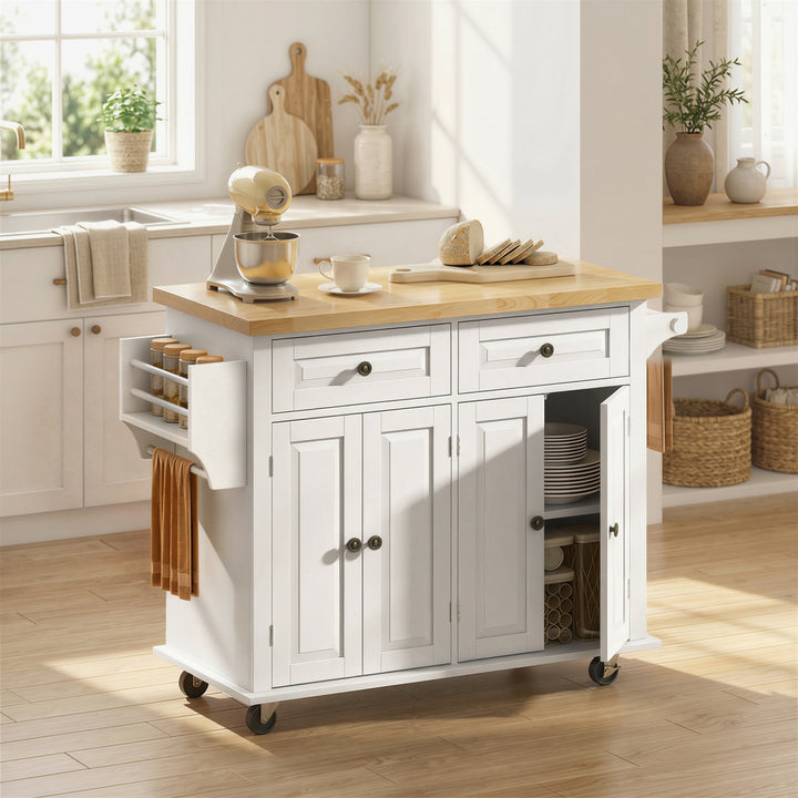 Ilha de Cozinha com Rodas Móvel Auxiliar de Cozinha com 2 Gavetas 4 Portas Suporte para Temperos e Barra Lateral 111x44,5x82,5cm Branco e Madeira
