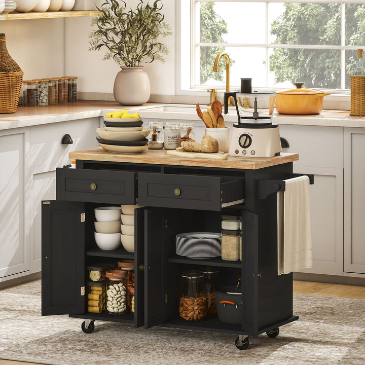 Ilha de Cozinha com Rodas Móvel Auxiliar de Cozinha com 2 Gavetas 4 Portas Suporte para Temperos e Barra Lateral 111x44,5x82,5 cm Preto e Madeira