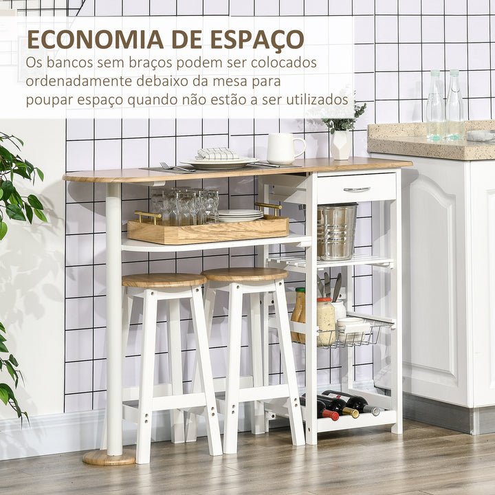 Conjunto de Mesa de Bar com 1 Gaveta 2 Prateleiras Cesta Removível e Suporte para Garrafas Mobiliário Alto com Mesa 119x38,5x88,5cm e 2 Bancos 29x29x55cm para Sala de Jantar Cozinha Branco
