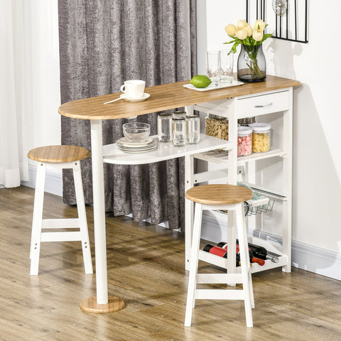 Conjunto de Mesa de Bar com 1 Gaveta 2 Prateleiras Cesta Removível e Suporte para Garrafas Mobiliário Alto com Mesa 119x38,5x88,5cm e 2 Bancos 29x29x55cm para Sala de Jantar Cozinha Branco