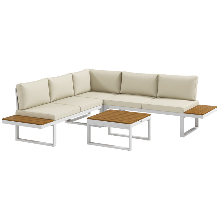 Conjunto de Móveis de Jardim 4 Peças Jogo de Móveis de Terraço Inclui 2 Sofás Duplos 1 Sofá de Canto Reclinável e Mesa de Centro com Almofadas para Pátio Creme